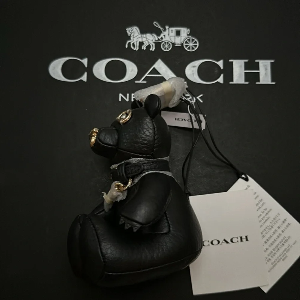 NWT Coach Bear Bag Charm Black Leather Purse Keychain FOB Canvas Signature - Picture 6 of 6